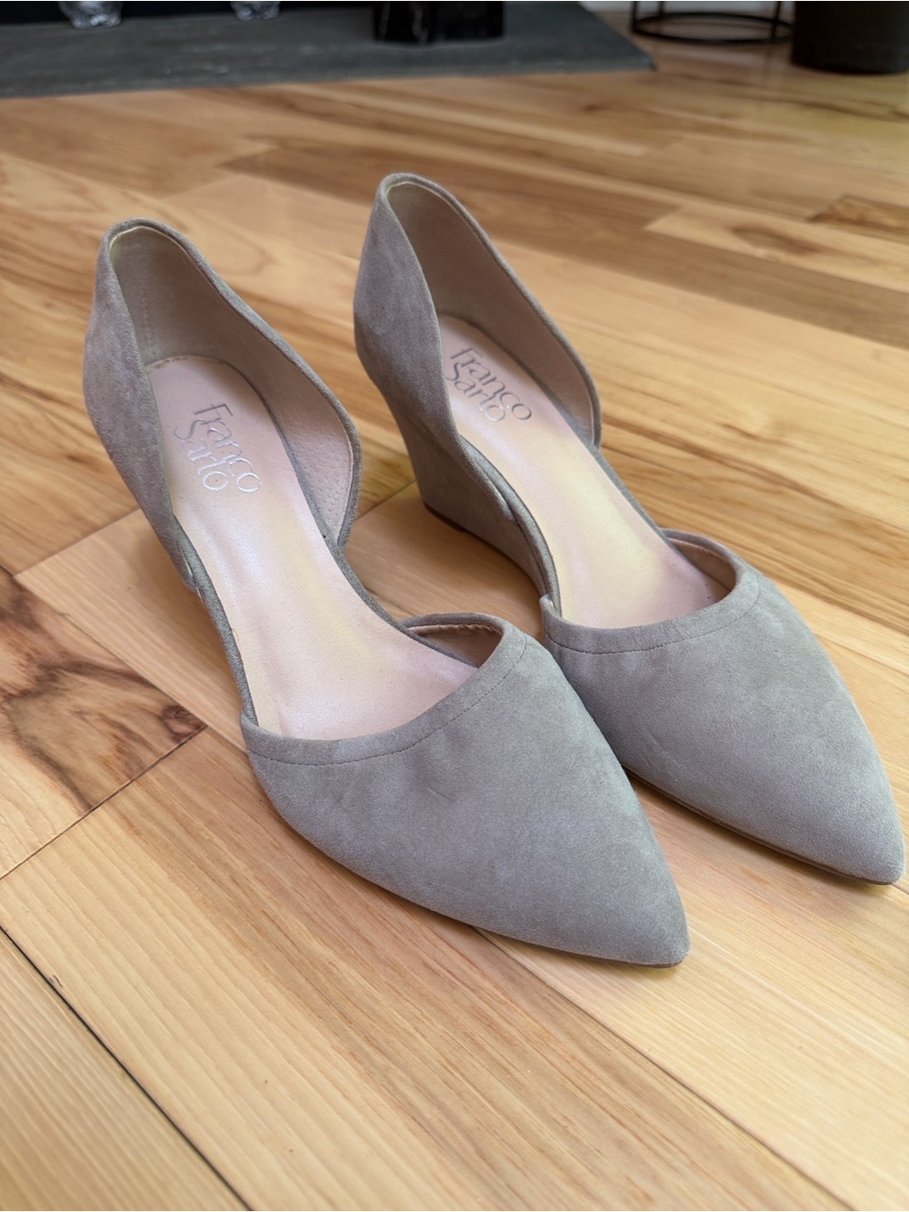 Franco Sarto Taupe Suede Pointed D'Orsay Wedge Pumps